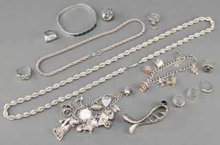 A silver charm bracelet and minor silver jewellery 