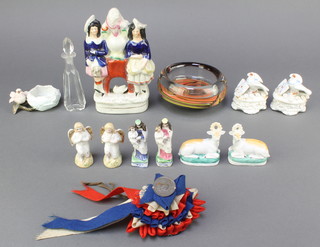 A circular Wedgwood Art Glass bowl 4 1/2", a Staffordshire figure of 2 standing girls with a swan 7 1/2" (f) and a collection of miniature porcelain figures 