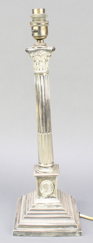 A silver plated Corinthian column table lamp 15" 