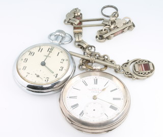 A gentleman's silver cased key wind pocket watch on a plated Albert together with a chrome cased Smiths pocket watch 