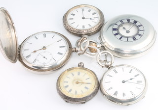 A gentleman's silver and enamel half hunter pocket watch with seconds at 6 o'clock, a silver hunt watch and 3 ladies fob watches