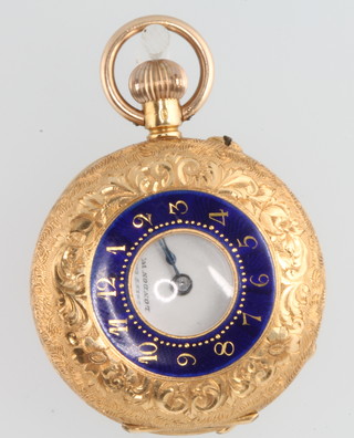 A lady's Edwardian 18ct yellow gold and enamel half hunter fob watch, the dial inscribed Walters and George, in a fitted case