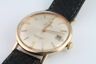 A gentleman's 9ct yellow gold Omega Automatic Seamaster Deville calendar wristwatch on a leather strap, boxed 