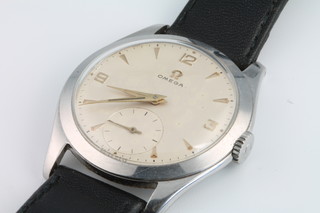 A gentleman's steel cased Omega wristwatch with seconds at 6 o'clock on a leather strap with original box 