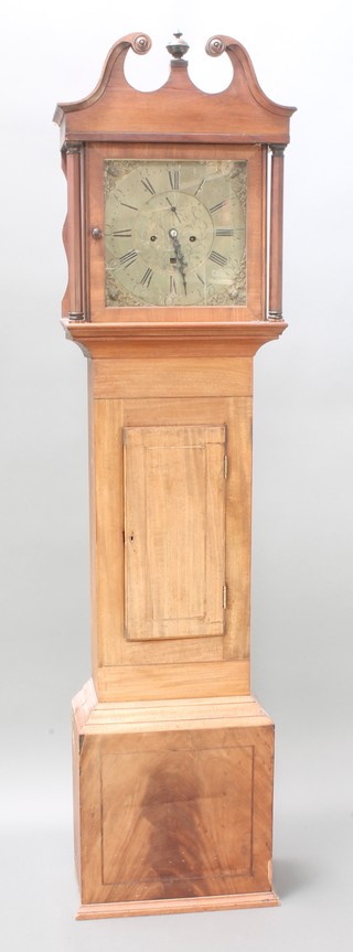 An 18th Century 8 day longcase clock with 13" gilt dial, subsidiary second hand, calendar aperture (f), contained in a mahogany case, complete with weights and pendulum 77" 