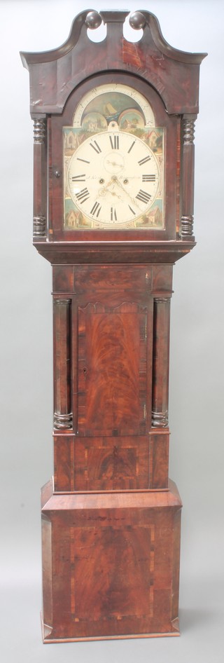 J Kent of Birmingham, an 18th Century 8 day striking longcase clock, the 14" arched dial with subsidiary second hand, calendar hand, phases of the moon, contained in a mahogany case complete with pendulum and weights 90 1/2"h 
