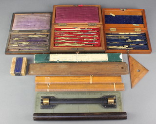 3 19th Century geometry sets (2 incomplete) together with various rules 