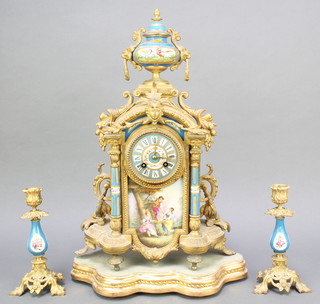 A 19th Century Spelter porcelain 3 piece clock garniture comprising striking mantel clock with Roman numerals contained in a porcelain and gilt spelter case surmounted by a lidded urn (case f) and a pair of matching candlesticks raised on pierced supports (sconces missing) 