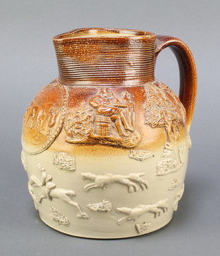 A 19th Century salt glazed harvest jug decorated hunting and tavern scenes 7 1/2" 