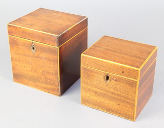 A 19th Century square mahogany tea caddy with hinged lid and satinwood inlay 4 1/2" x 4 1/2" square (escutcheon missing) and 1 other 5 1/2" x 5" square (2 sections of stringing missing to the lid, veneers to the left hand side bubbling, hinge f)