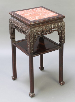 A Chinese pierced and carved square hardwood 2 tier jardiniere stand raised on club feet 32"h x 16 1/2" square with marble top
