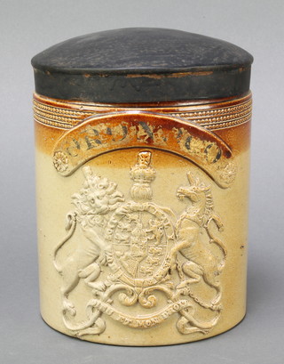 A 19th Century salt glazed cylindrical caddy decorated The Royal Arms and marked Oronoco? with pressed metal lid 6 1/2" 