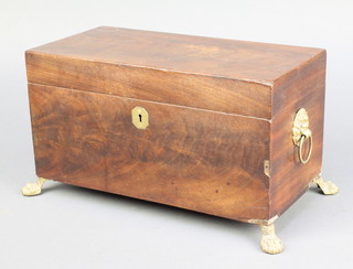 A 19th Century rectangular mahogany twin compartment tea caddy with brass drop handles to the side, raised on paw feet 7"h x 12"w x 6"d 