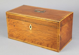 A 19th Century rectangular inlaid and crossbanded mahogany twin compartment tea caddy with hinged lid 6"h x 12"w x 6"d 