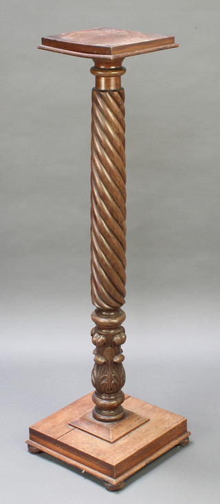 A 19th Century mahogany bed post torchere with turned column, square top and base 48"h x 10"w x 10"d 