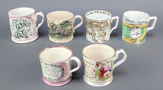 A 19th Century Sunderland style pottery jug decorated the sailor boy with verse, 1 other decorated "The Farmer's Arms" and Success to the Farmer, 1 other - See all, hear all, say nowt, a Yorkshireman's advice to his son, a Victorian porcelain mug with floral decoration and motto and 2 other mugs  