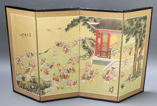 A Chinese ebonised double hinged 4 fold screen decorated temple scenes with children playing 36"h x 15" when closed x 59 1/2" when open 