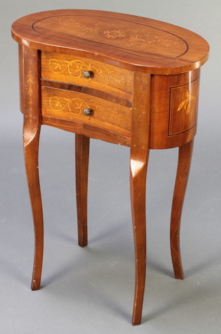 An Italian style kidney shaped table with simulated inlay, fitted 2 drawers, raised on cabriole supports 26"h x 18 1/2"h x 9 1/2" 