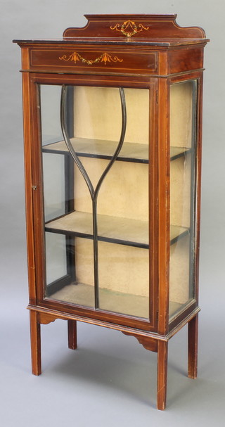 An Edwardian inlaid mahogany display cabinet with raised back, fitted shelves enclosed by astragal glazed panelled doors 53"h x 24"w x 12"d 