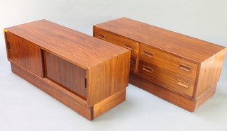 A Danish rosewood finished chest of 4 long drawers, raised on a platform base 17"h x 42 1/2"w x 17"d together with 1 other cabinet enclosed by sliding panelled doors, marked to the back Danish Furniture  