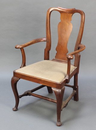 A Georgian mahogany slat back open arm chair with upholstered drop in seat, raised on cabriole supports with H framed stretcher 