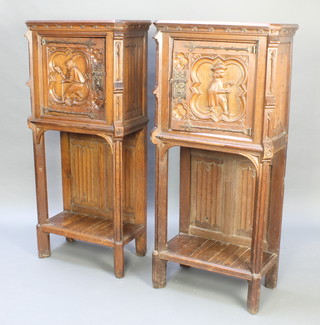 A pair of low countries carved oak cabinets with moulded and carved cornices, enclosed by panelled doors, decorated figures above a recess with linenfold decoration to the back 54"h x 25"w x 13 1/2"d 