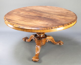 A Victorian rosewood circular snap top breakfast table, on a turned column and tripod base 28"h x 50" diam. 