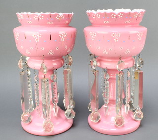 A matched pair of 19th Century pink opaque glass lustres hung lozenges 14" and 14 1/2" 