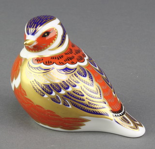 A Royal Crown Derby Japan pattern paperweight of a bird with silver stopper 4" 