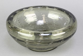 A Whitefriars smoky shallow bowl with spiral bubble decoration 8" 