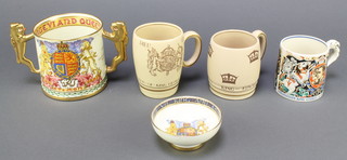 A Burleigh Ware 1937 Laura Knight Coronation mug, a Gray's Pottery Edward VIII Coronation mug, ditto George VI, do. Edward VIII Coronation bowl 3 1/2" and a Paragon Edward VIII limited edition twin handled Coronation mug 