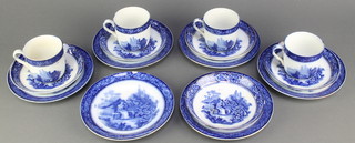 A Victorian blue and white tea set decorated with figures in landscapes comprising 4 tea cups, 5 saucers and 6 side plates