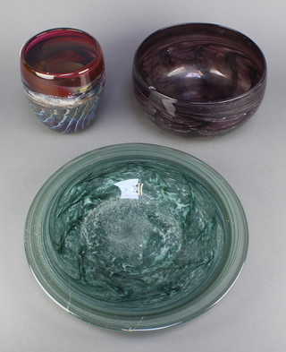A Studio Glass free form vase indistinctly signed 6 1/2", a ditto bowl 9 1/2" and a shallow dish 