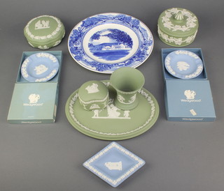 A Wedgwood green Jasper oval dish decorated with classical figures 10", 3 lidded boxes, a vase, 3 dishes and a Wedgwood plate