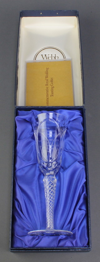 A Webb Corbett Royal Wedding commemorative toasting goblet, to commemorate the marriage of Princess Anne and Captain Mark Phillips 9 1/2", boxed