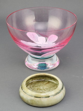 A Studio Glass pedestal bowl decorated with a stylised flower 4 1/2" and a Royal Doulton shallow green glazed dish 7366 4" 