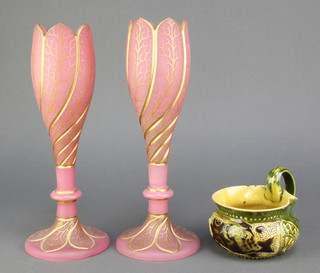 A Brannam Barum green glazed jug decorated a stylised fish no.4561 dated 1898 5 1/2" together with a pair of Victorian pink and gilt glass vases 10" 