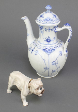 A Royal Copenhagen onion pattern coffee pot and lid 9" and a Royal Doulton figure of an English Bulldog 5 1/2" 
