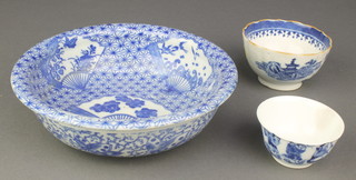 A Chinese 19th Century bowl decorated with figures 2 1/2", a ditto Willow pattern tea bowl 3 1/2" and a transfer print shallow print 7" 