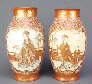 A pair of early 20th Century Kutani vases decorated with panels of figures on pavilion terraces and birds on a scroll ground 13" 
