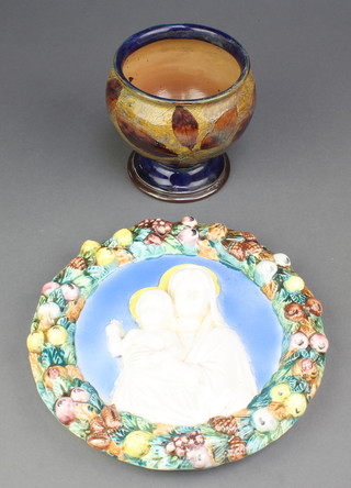 A Royal Doulton leaf pattern pedestal bowl 5", a Continental polychrome wall plaque of the Madonna and child 9 1/2" 