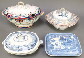 A Victorian oval twin handled Derby style tureen and cover 10", a blue and white twin handled tureen and cover decorated roses 12" (cracked), a Royal semi-porcelain twin handled tureen and cover 11" and a shallow Willow pattern tureen and cover 10" (cracked) 