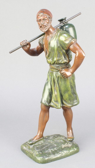 After Marcel Debut, a cold painted spelter figure of a standing gentleman with water urn 11" (urn f)