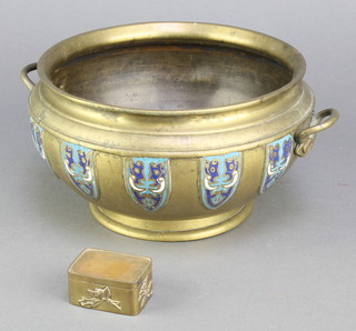 A Chinese bronze and enamelled twin handled censer 7 1/2", a Chinese bronze box with hinged lid 1" x 2" x 1"