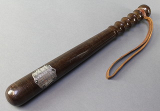 A wooden presentation truncheon with "silver" plaque marked City of Bath SW Baster served as Special Constable during the Great War 1914-1919 15" 