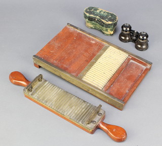 A 19th Century brass and mahogany pill rolling machine together with a pair of opera glasses 