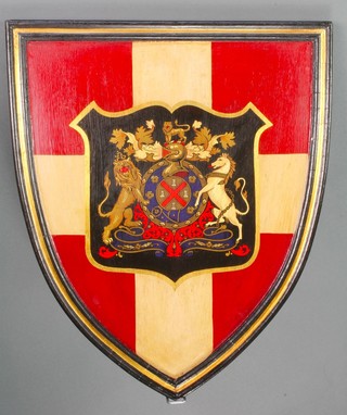 2 wooden painted armorial shields 21" x 18" 