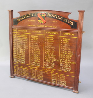 A painted wooden honours board marked Hackett's Rowing Club, founded 1952 40 1/2"h x 43"w 
