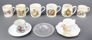 A Victorian circular pressed glass political bowl - Gladstone for the million 5", 3 Edward VIII Coronation mugs, 2 George V Coronation mugs, 2 George VI do.  and do. Elizabeth II 