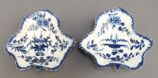 A pair of 18th Century Worcester blue and white leaf shaped pickle dishes decorated with flowers 3 1/2"  